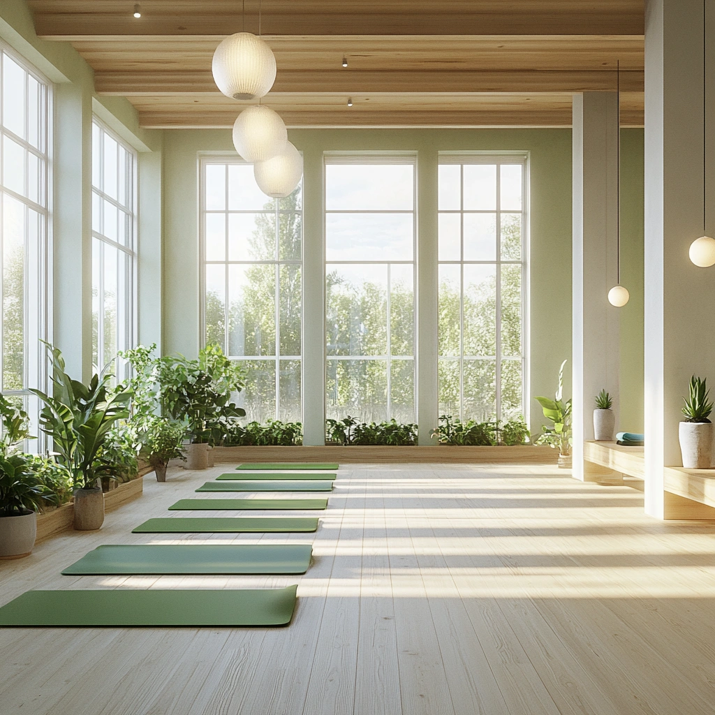 Просторий зал для йоги з природним освітленням