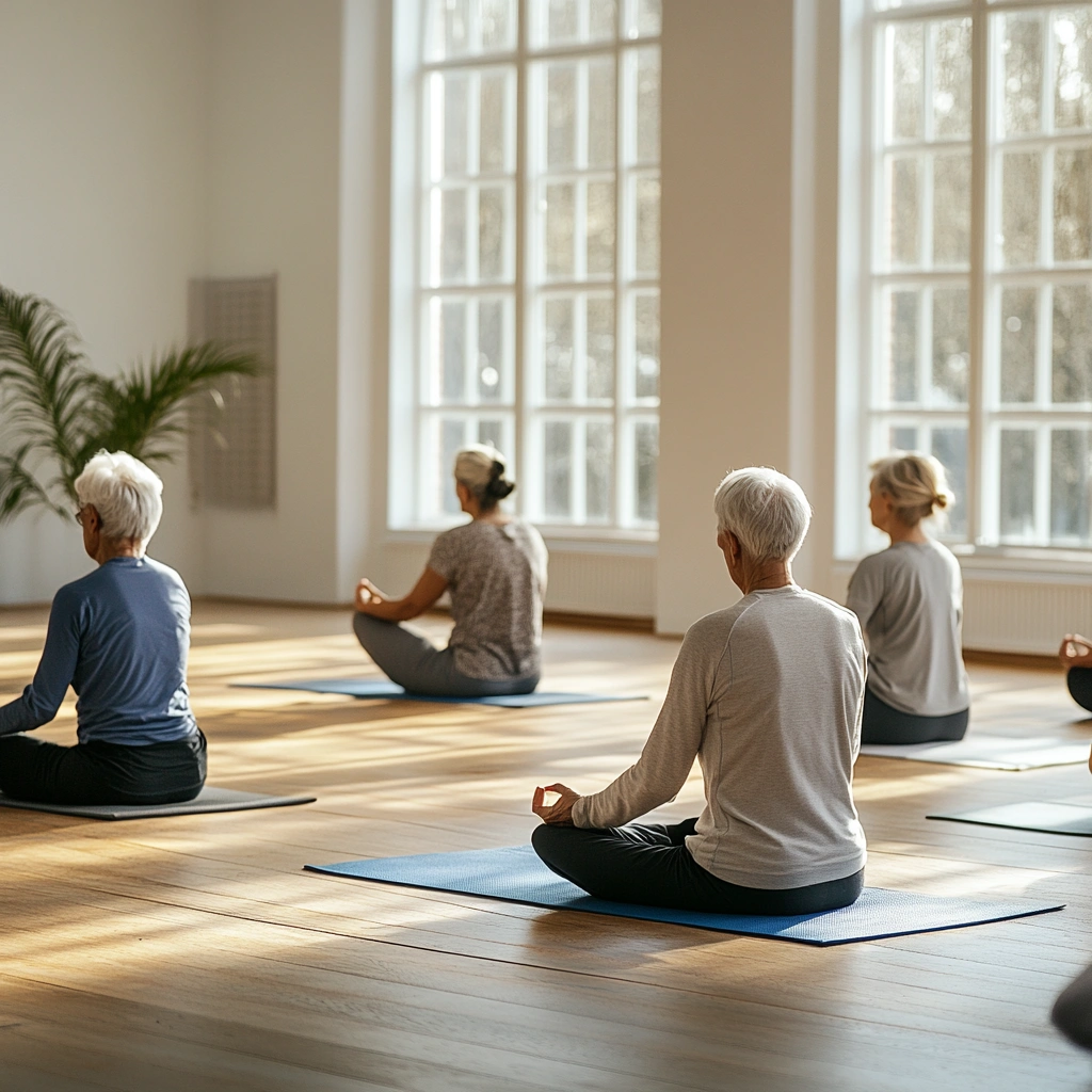 Пенсіонери виконують вправи на килимках