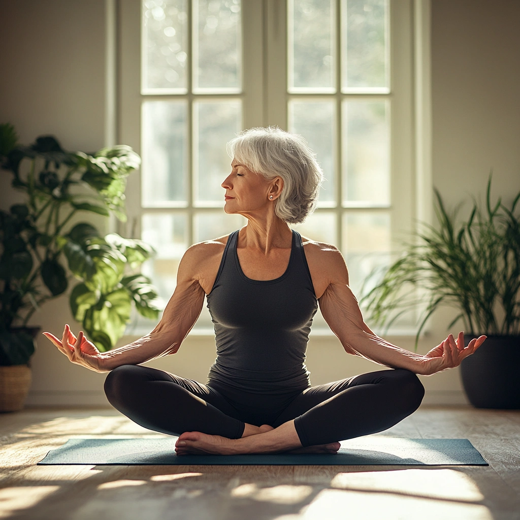 Пенсіонерка практикує йогу в спокійній атмосфері студії