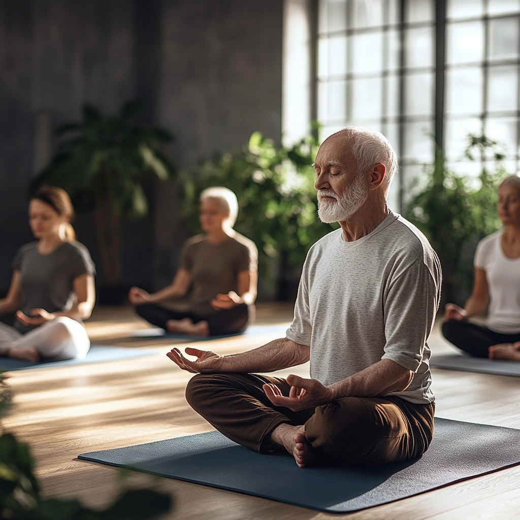 Група пенсіонерів практикує медитацію в студії